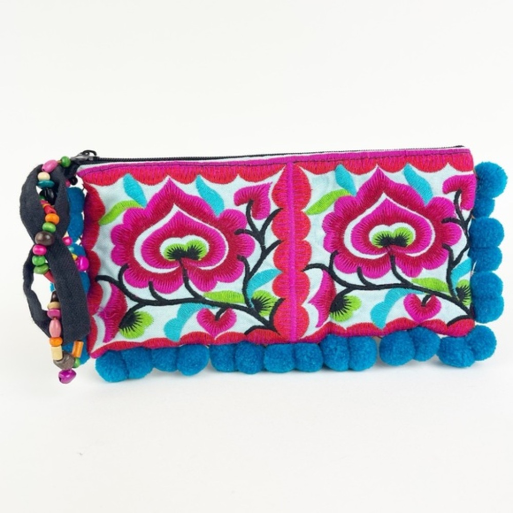 Pink Colorful Embroidered Double Flower Wristlet